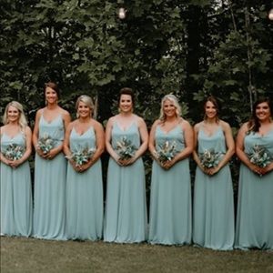 Alfred Sung Smoke blue bridesmaid dress